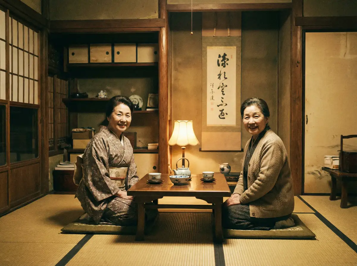 两位优雅的 男奴 在日式茶室中品茶交谈